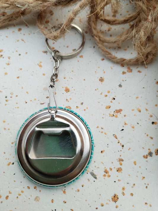 Porte clés décapsuleur 44mm - Papier japonais -Graphique turquoise et blanc