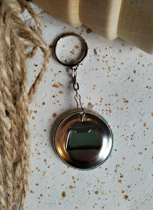 Porte clés décapsuleur 44mm - Papier japonais - Floral vert, blanc et doré