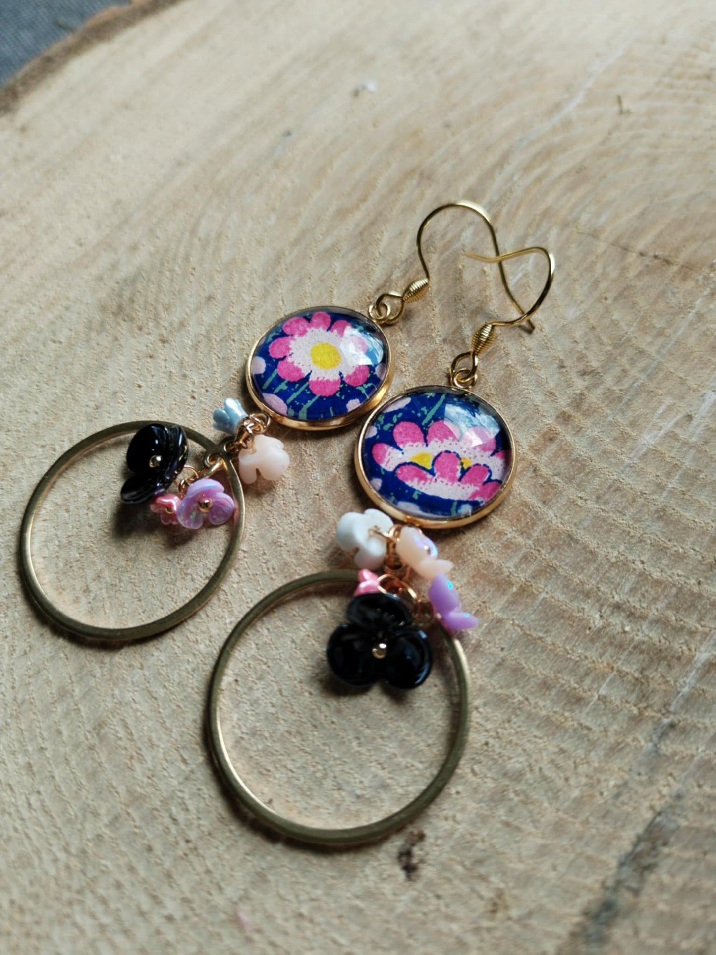Boucles d'oreilles - Cabochons 16mm - Acier inoxydable - bleu ,pâquerette et perle fleur