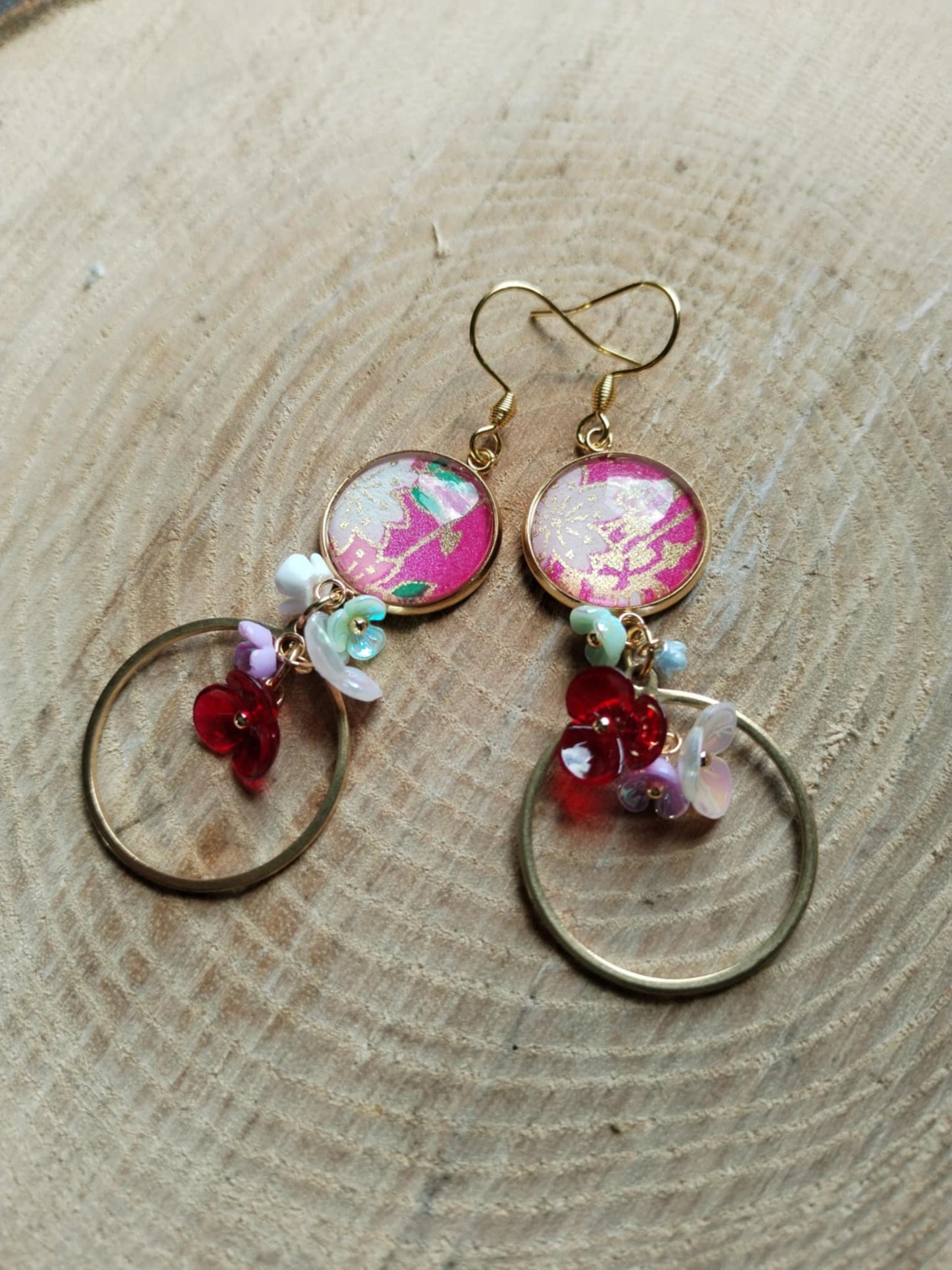 Boucles d'oreilles - Cabochons 16mm - Acier inoxydable - rose et perle fleur