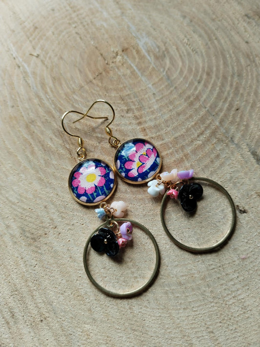 Boucles d'oreilles - Cabochons 16mm - Acier inoxydable - bleu ,pâquerette et perle fleur