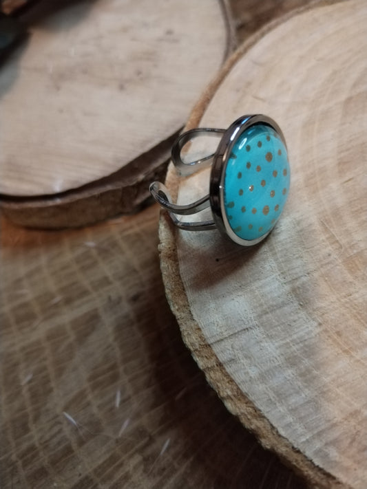 Bague ajustable ronde cabochon 20 mm - Acier inoxydable turquoise pois dorés