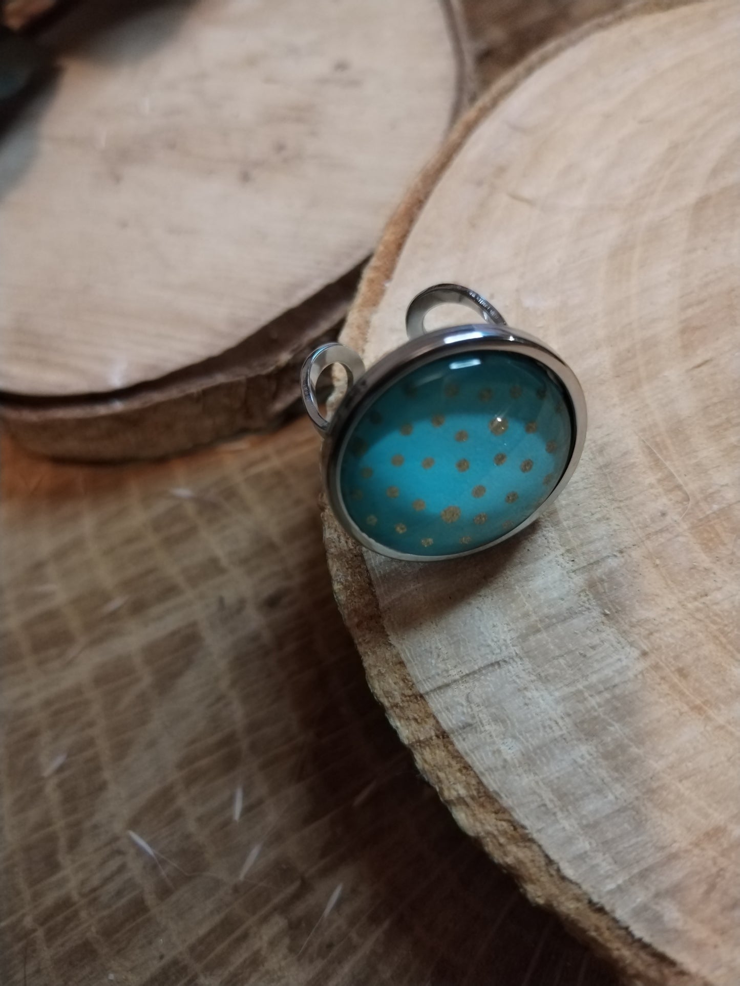 Bague ajustable ronde cabochon 20 mm - Acier inoxydable turquoise pois dorés