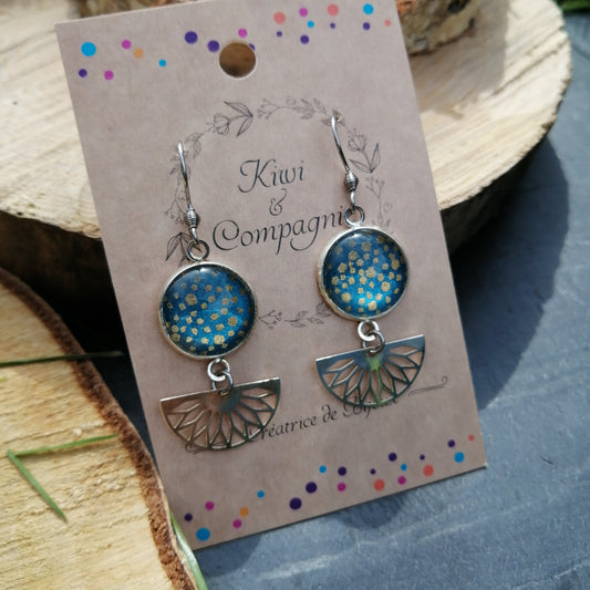 Boucles d'oreilles cabochons 14mm - Métal argenté - pois dorés et vert sapin