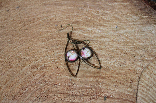 Boucles d'oreilles oeil cabochon 12mm - Bronze - Papier japonais fleurs blanches et roses, fond violet