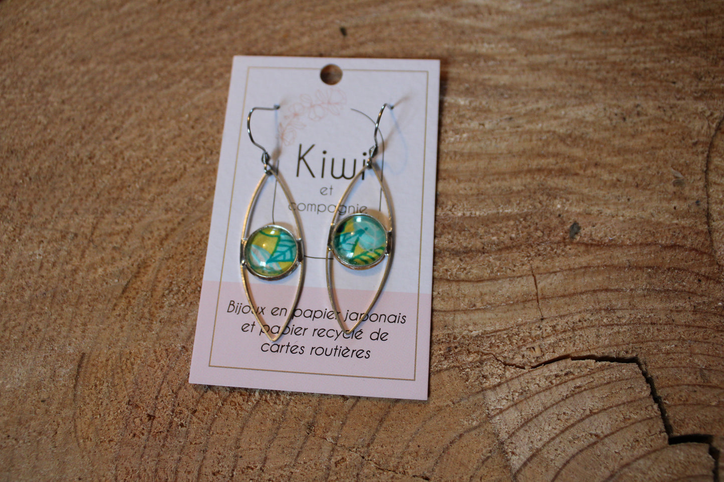 Boucles d'oreilles oeil cabochon 12mm - Métal Argenté - Feuilles vertes, jaunes et turquoises