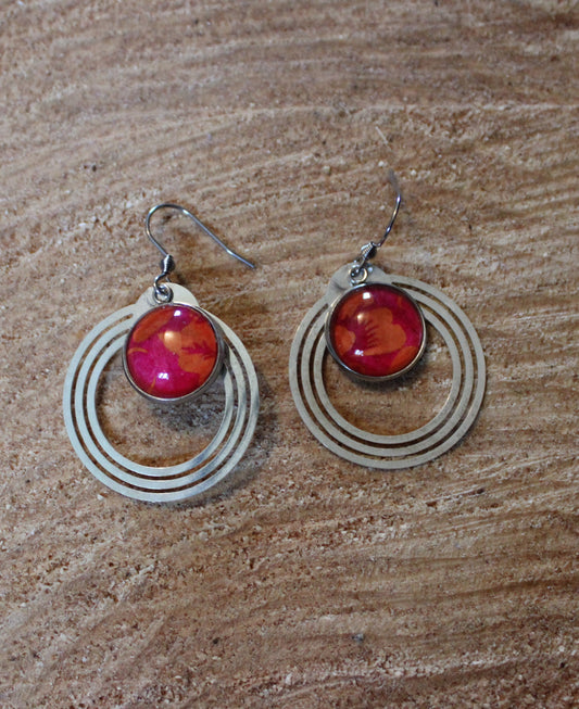 Boucles d'oreilles cabochons ronds 12mm - Métal argenté - fleurs orange, fond rose