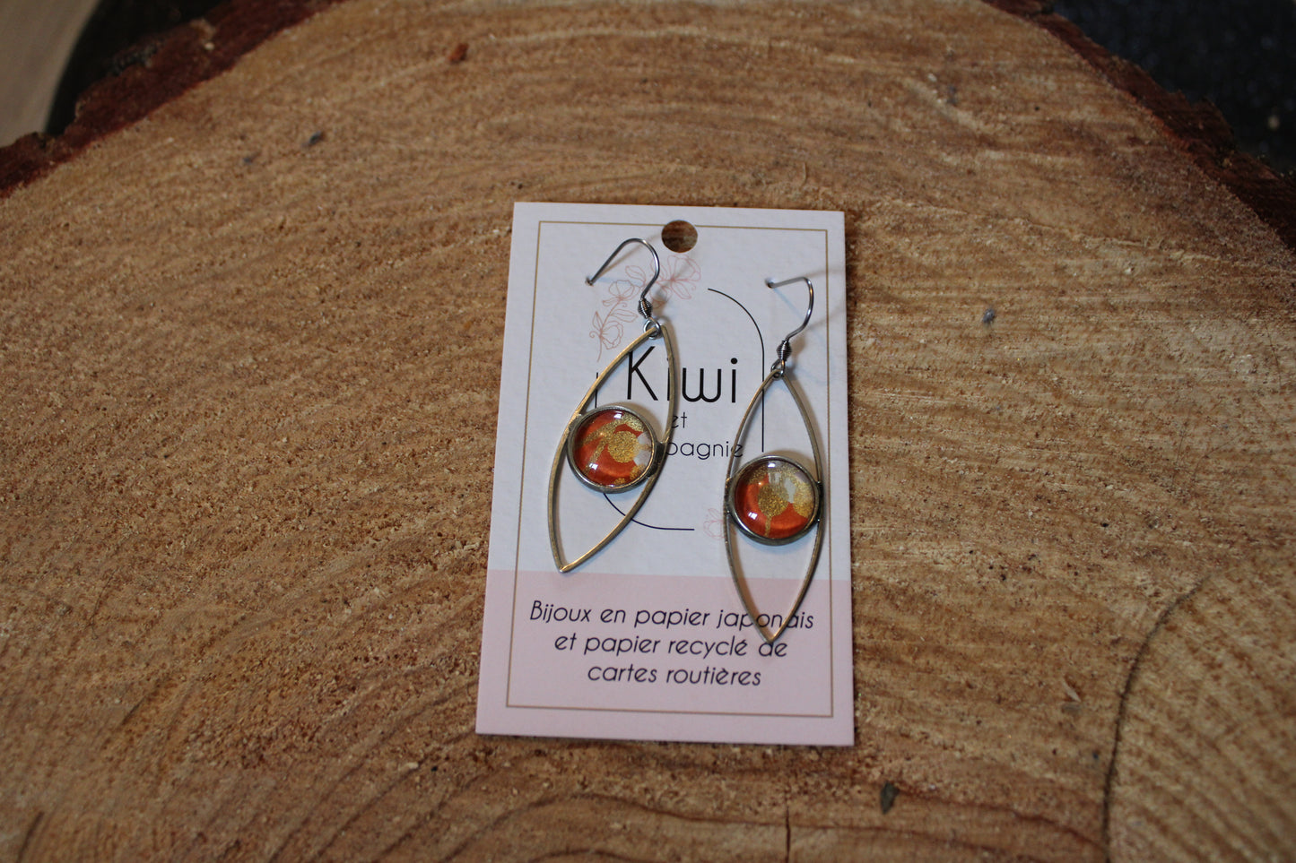 Boucles d'oreilles oeil cabochon 12mm - Métal Argenté - Papier japonais orange et doré
