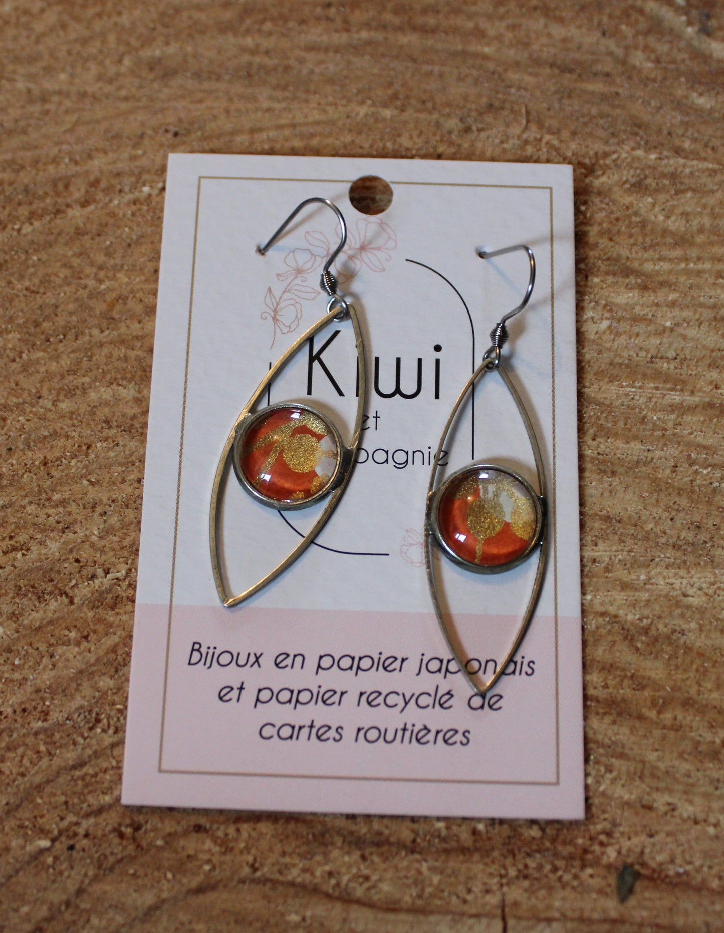Boucles d'oreilles oeil cabochon 12mm - Métal Argenté - Papier japonais orange et doré