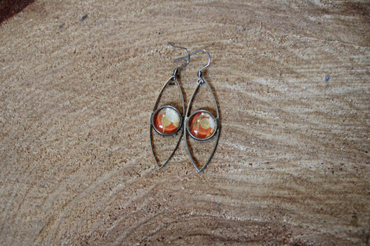 Boucles d'oreilles oeil cabochon 12mm - Métal Argenté - Papier japonais orange et doré