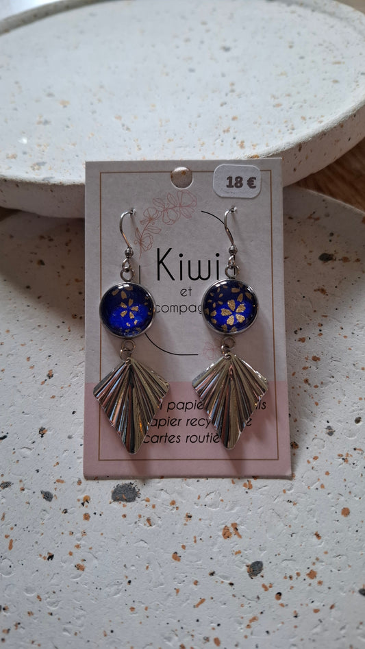 Boucles d'oreilles cabochons ronds 16mm - Acier inoxydable - papier japonais bleu floral - breloque losange