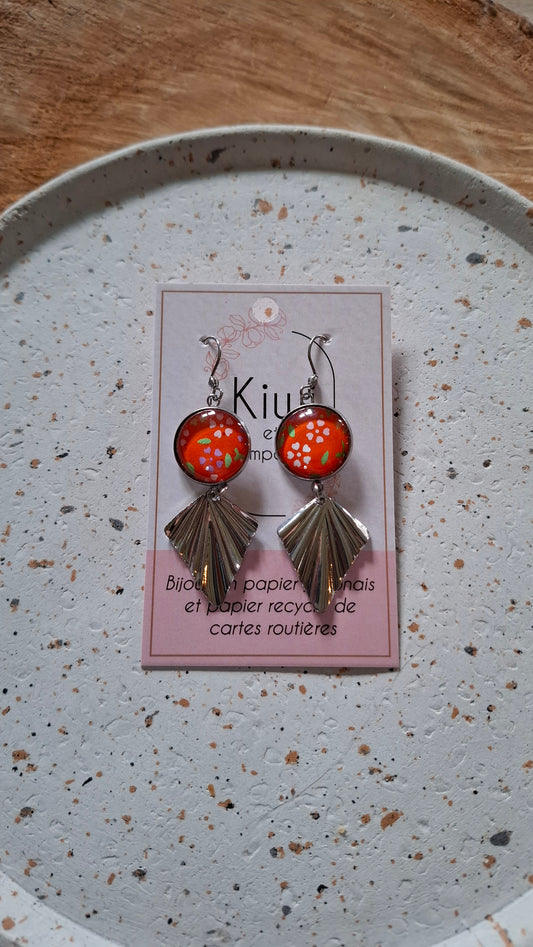 Boucles d'oreilles cabochons ronds 16mm - Acier inoxydable - papier japonais orange floral - breloque losange