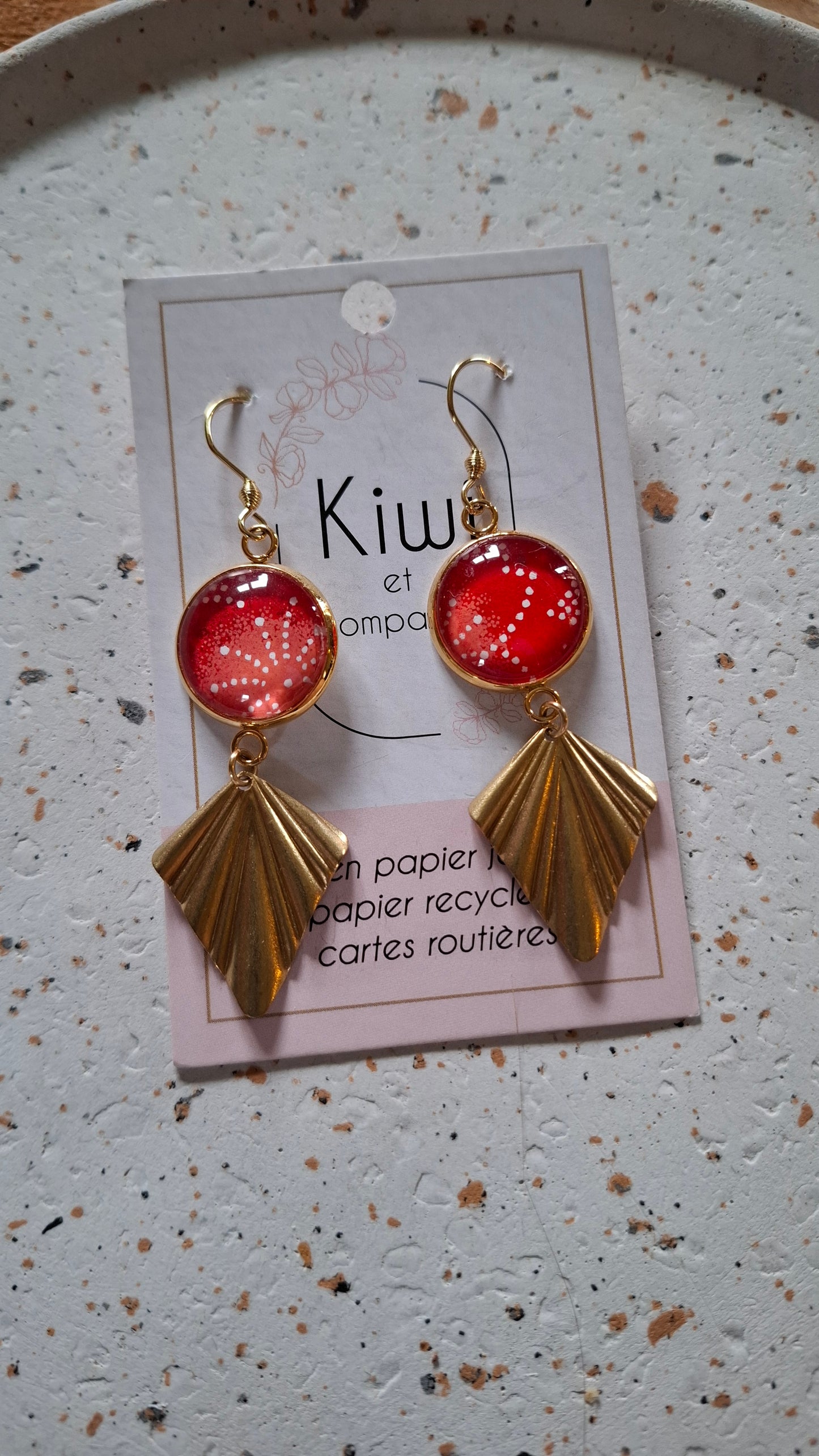 Boucles d'oreilles cabochons ronds 16mm - Acier inoxydable doré - papier japonais rouge floral - breloque losange