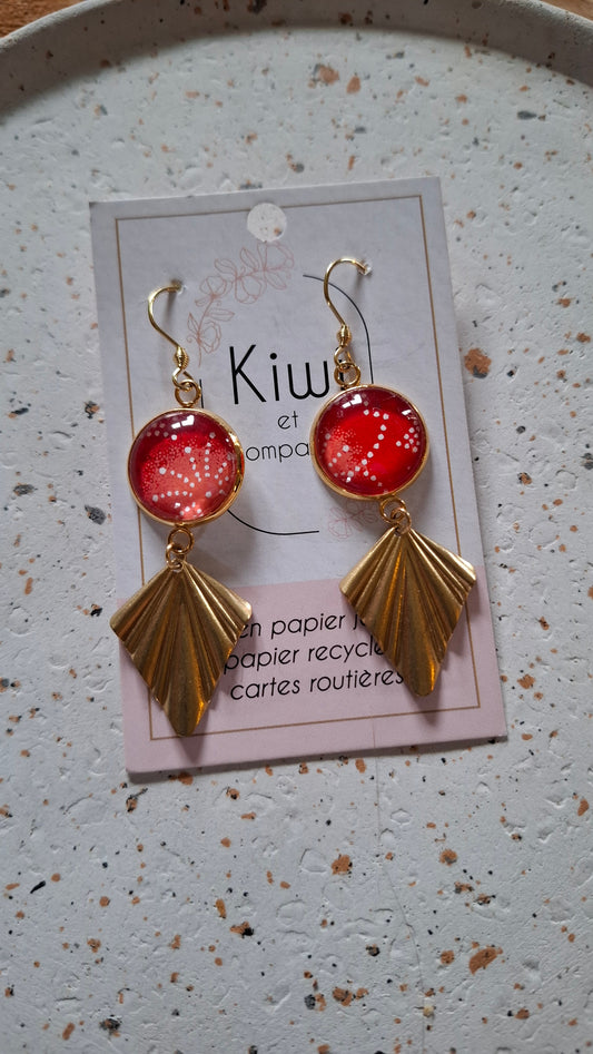 Boucles d'oreilles cabochons ronds 16mm - Acier inoxydable doré - papier japonais rouge floral - breloque losange