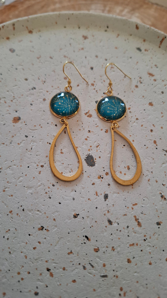 Boucles d'oreilles longues - Cabochons 16mm - Pois dorés, fond bleu pétrol