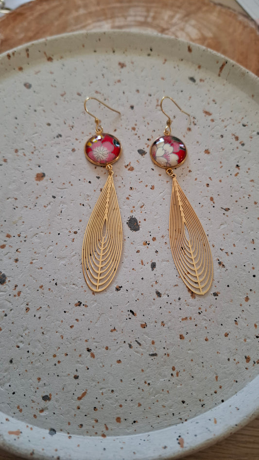 Boucles d'oreilles cabochons ronds 16mm - Acier inoxydable - papier japonais floral blanc, rouge, rose et vert