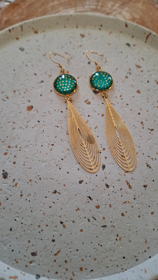 Boucles d'oreilles cabochons ronds 16mm - Acier inoxydable - papier japonais vert et pois doré