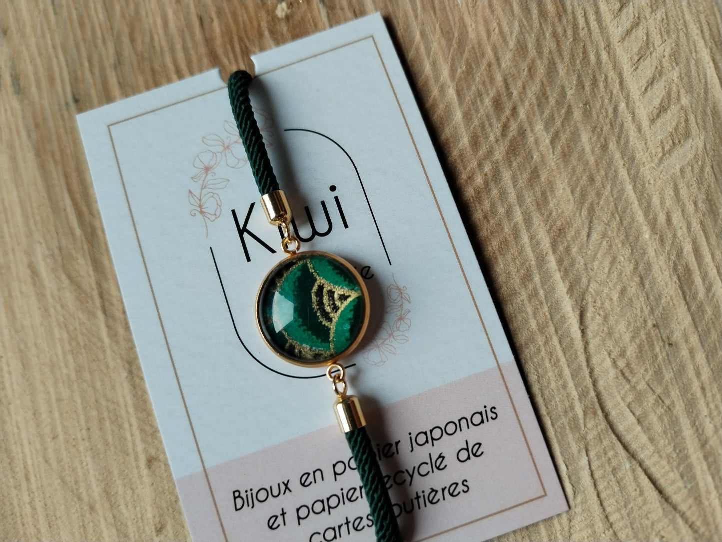 Bracelet réglable en coton vert - cabochon en papier japonais vert et doré