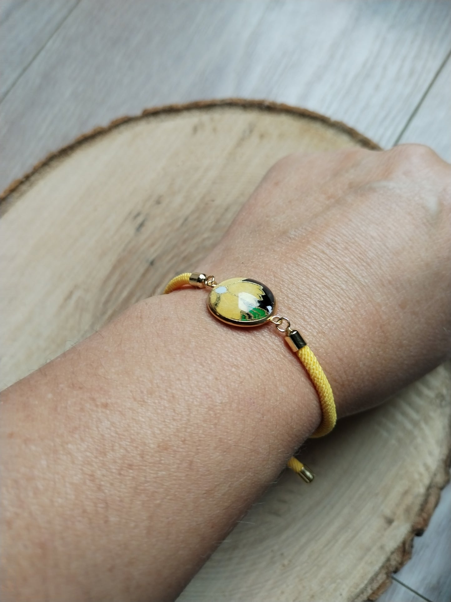 Bracelet réglable en coton jaune - cabochon en papier japonais floral jaune et noir