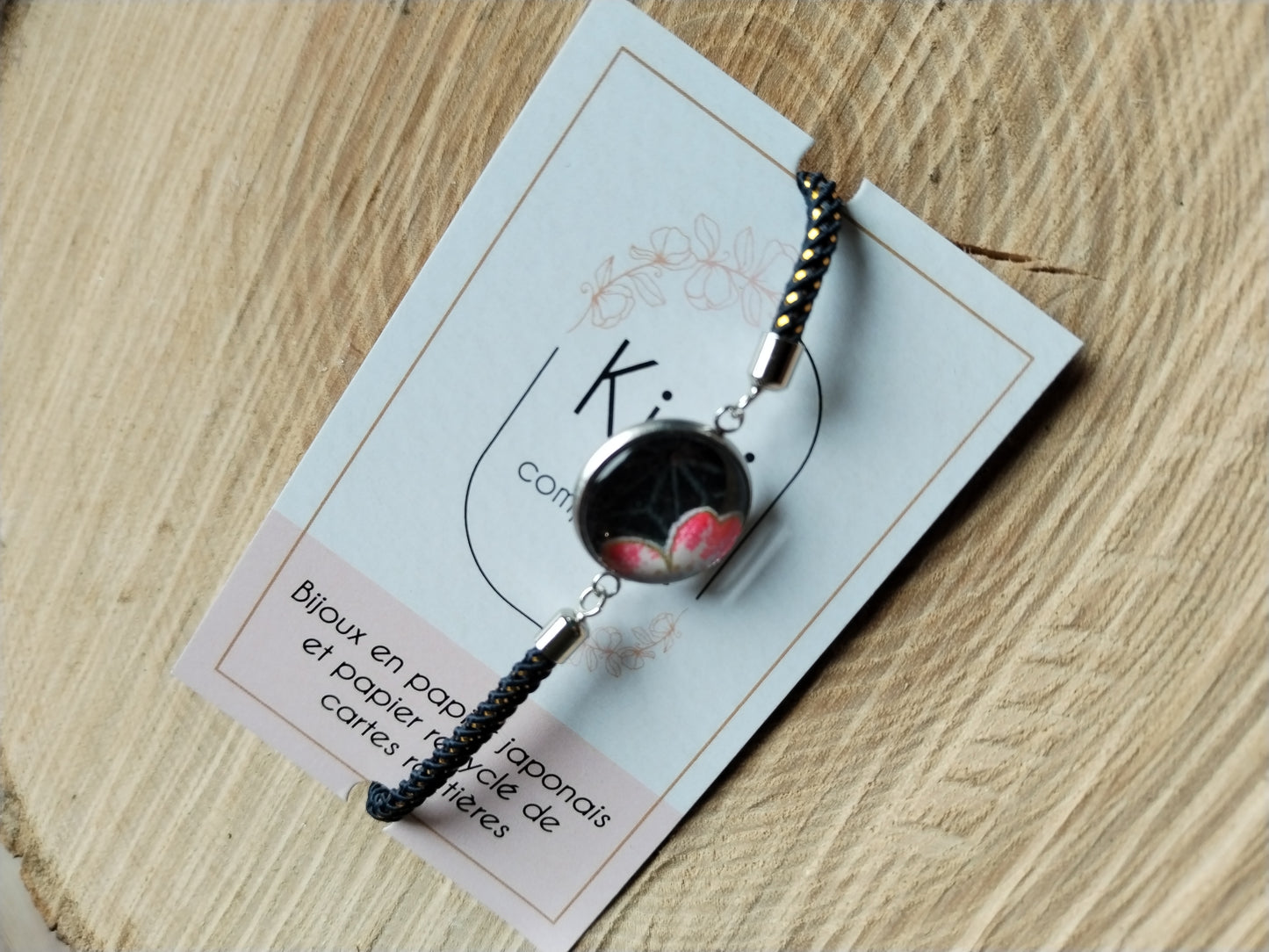 Bracelet réglable en coton noir et doré - cabochon floral rose, doré et noir