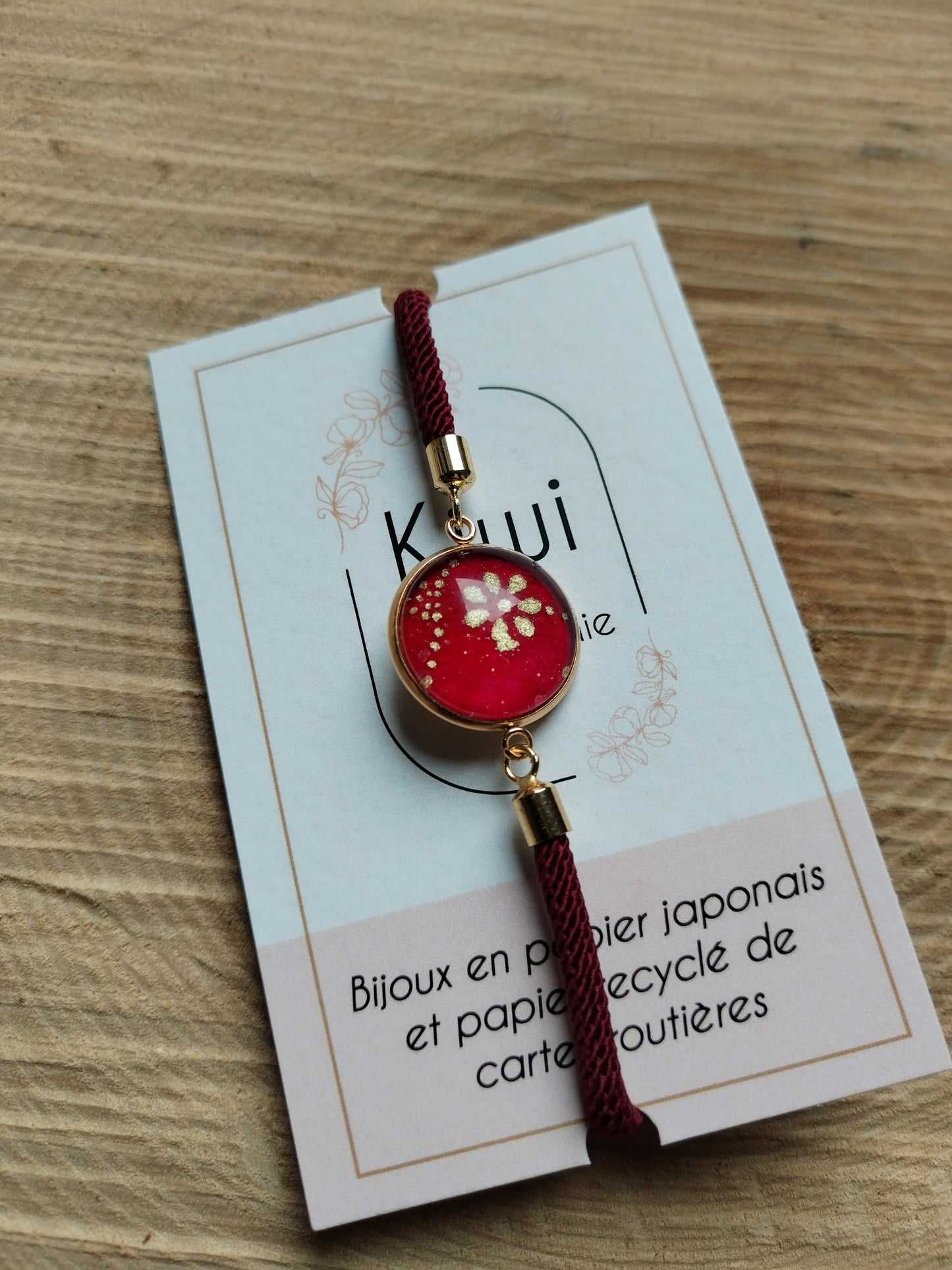 Bracelet réglable en coton bordeaux - cabochon floral doré et rouge