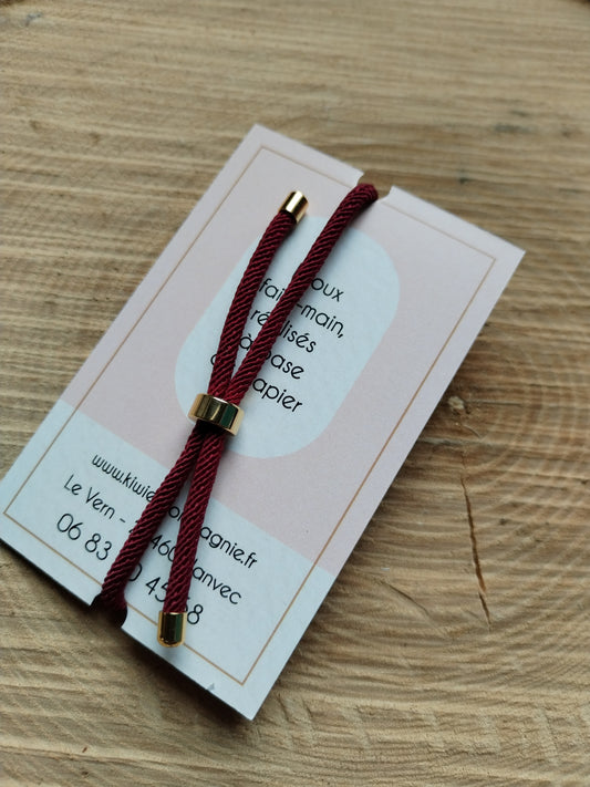 Bracelet réglable en coton bordeaux - cabochon floral doré et rouge