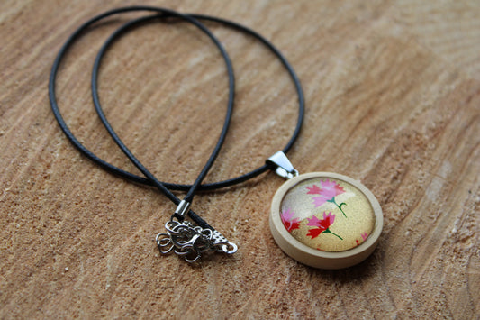 Collier cordon ciré et pendentif bois - papier japonais floral rouge, rose - fond doré