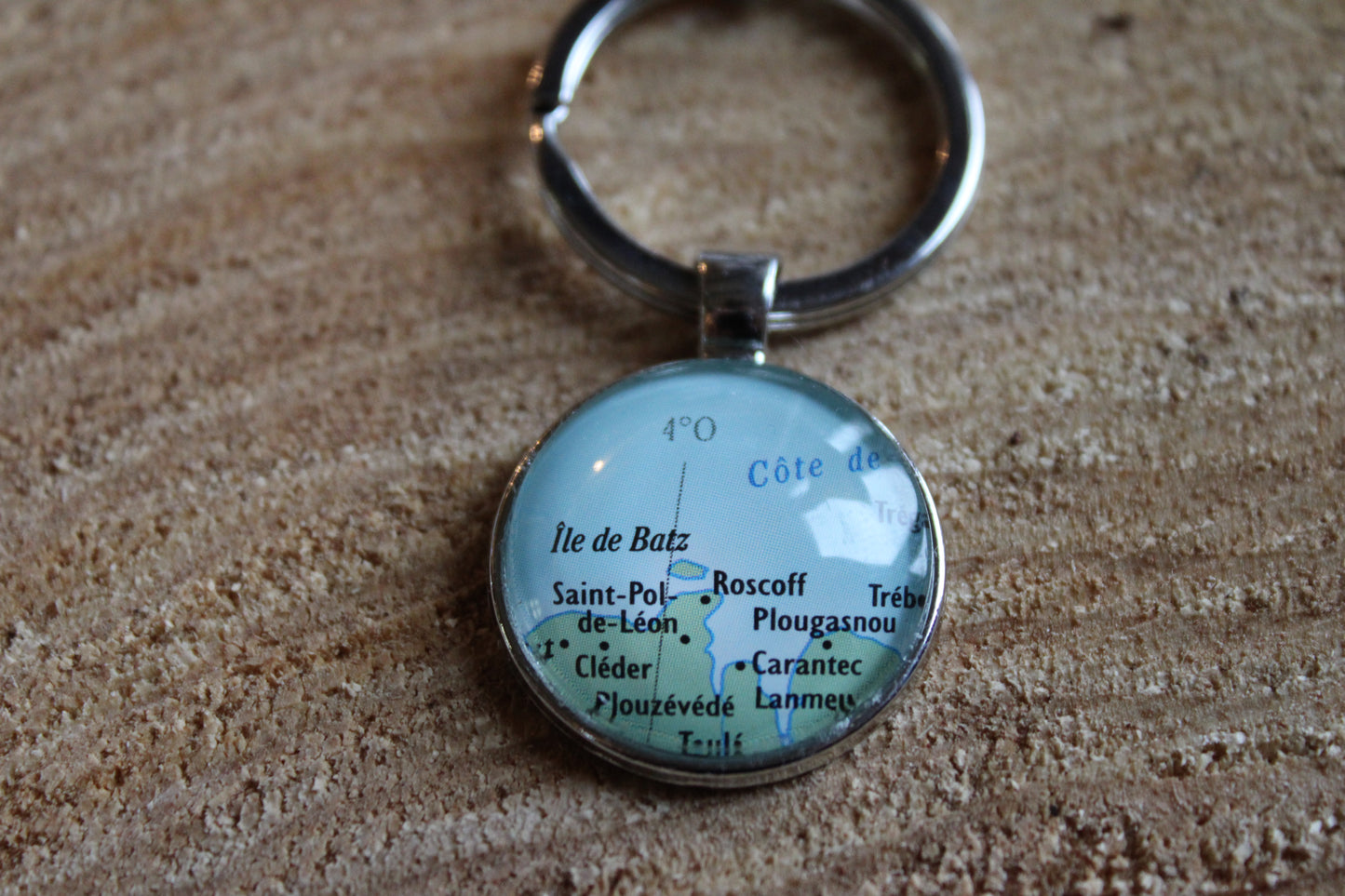 Porte-clefs cabochon 25mm - Recyclage carte routière - Roscoff - Ile de Batz - Saint Pol de Léon... (29 - Finistère - Bzh)