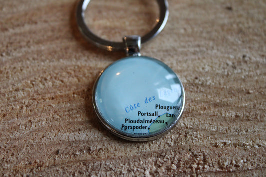Porte-clefs cabochon 25mm - Recyclage carte routière - Portsall - Ploudalmézeau - Porspoder (29 - Finistère - Bzh)