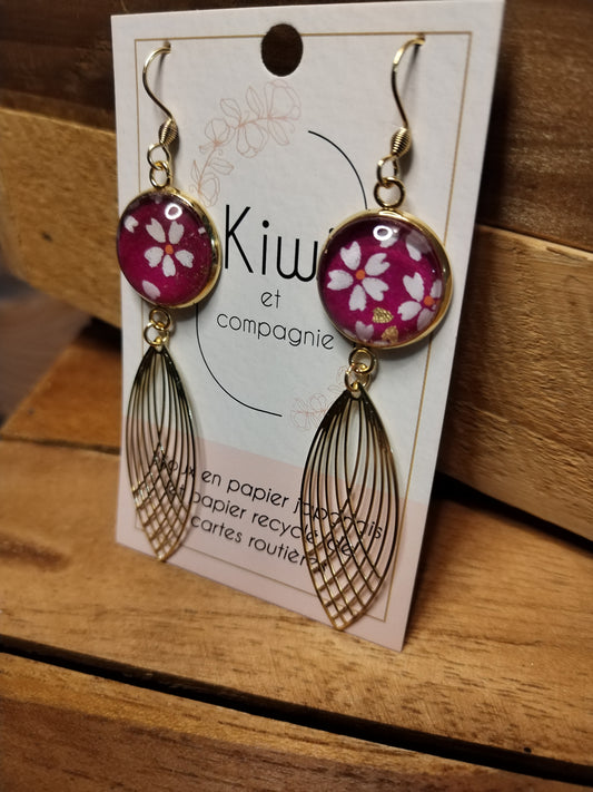 Boucles d'oreilles cabochons ronds 16mm - Acier inoxydable doré - Papier japonais fuschia - breloque filigrane plume