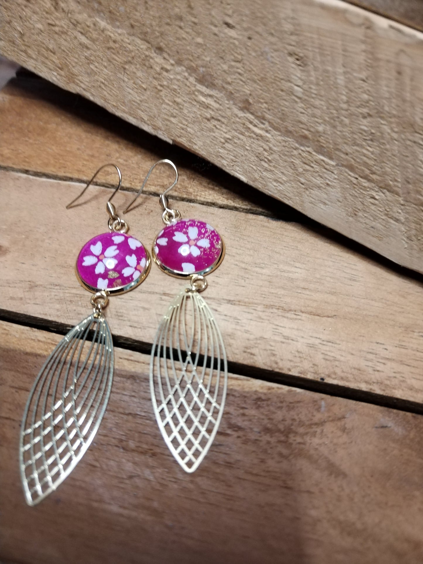 Boucles d'oreilles fuschia papier japonais