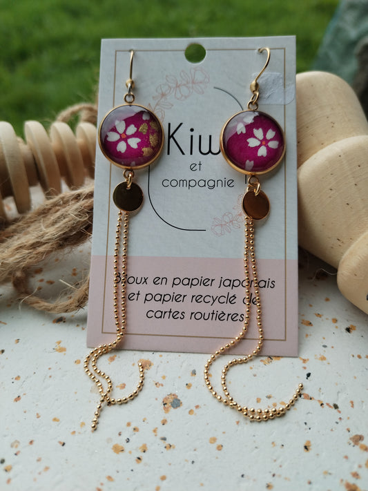 Boucles d'oreilles - Cabochons 16mm - Acier inoxydable doré - Papier japonais floral framboise, blanc et doré