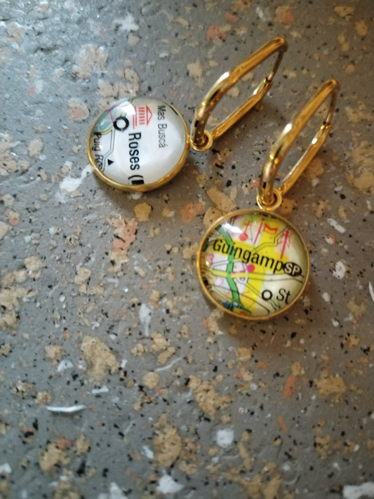 Boucles d'oreilles cabochon - acier inoxydable carte routière guingamp rosas