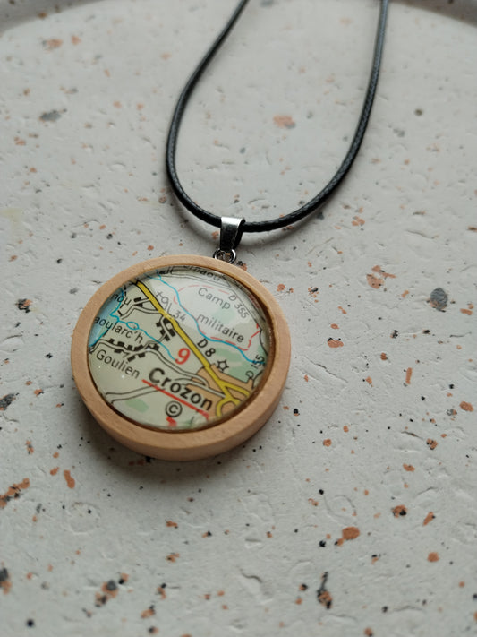 Collier cordon ciré et pendentif bois - recyclage-Crozon