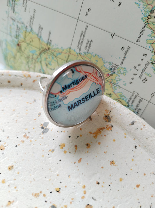 Marseille- Bague cabochon 25mm - Recyclage carte routière