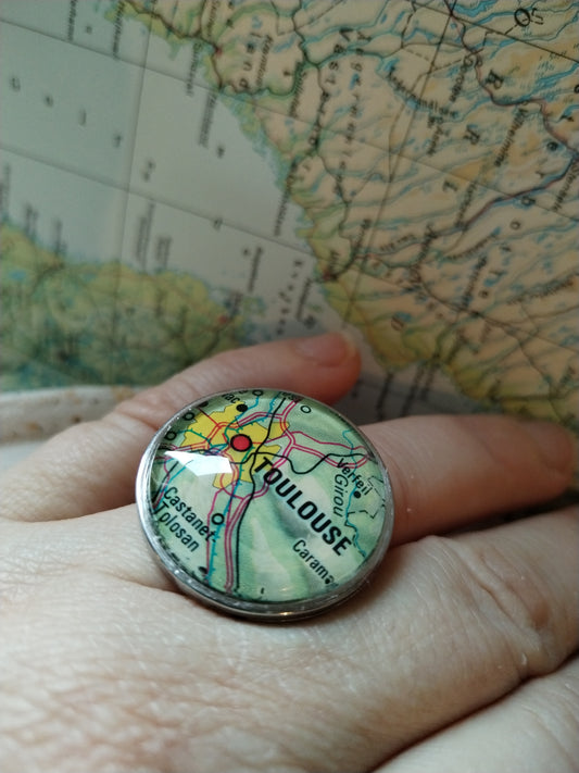 Toulouse - Bague cabochon 25mm - Recyclage carte routière