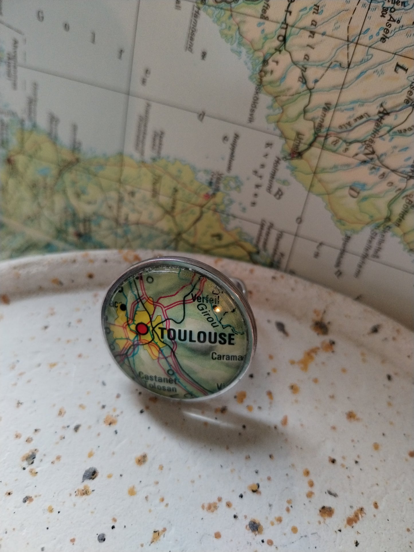 Toulouse - Bague cabochon 25mm - Recyclage carte routière