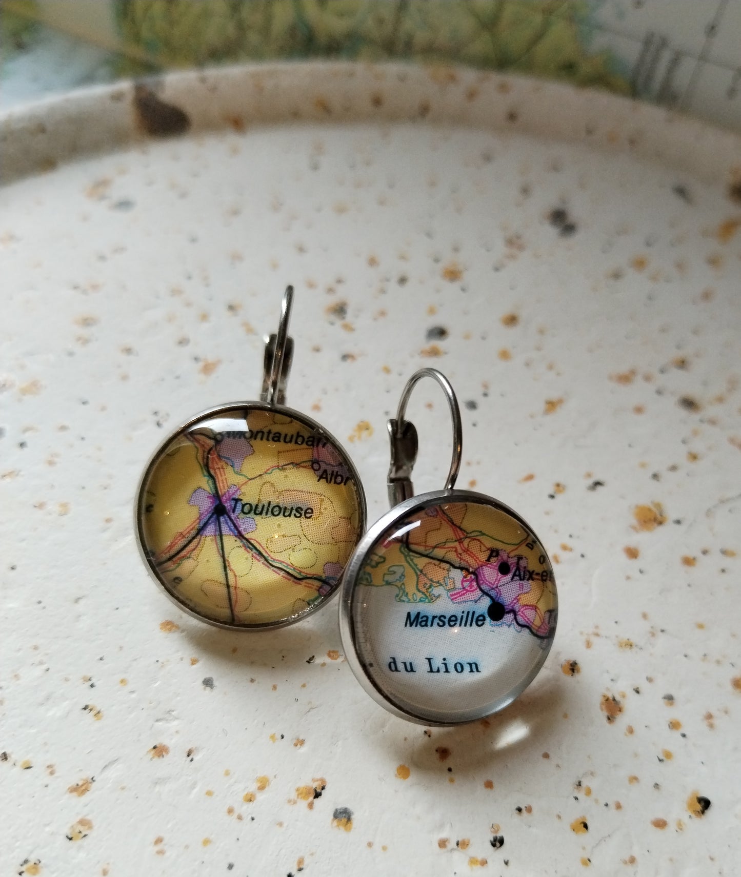 Boucles d'oreilles cabochons - Acier - carte routière Marseille-Toulouse