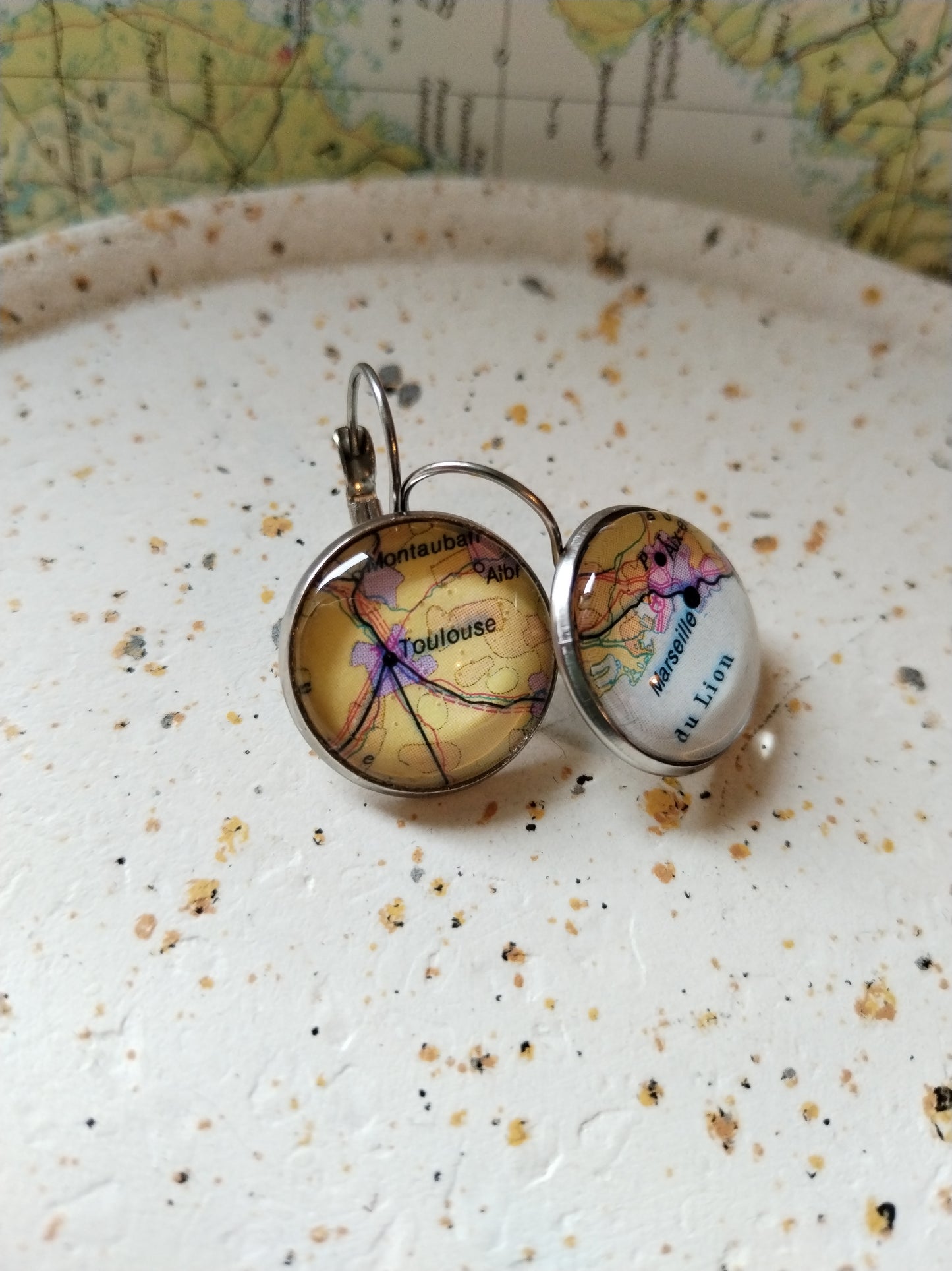 Boucles d'oreilles cabochons - Acier - carte routière Marseille-Toulouse