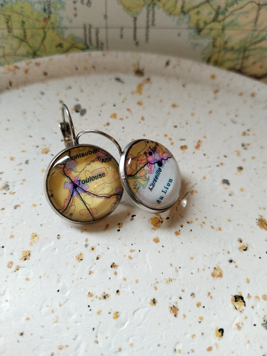 Boucles d'oreilles cabochons - Acier - carte routière Marseille-Toulouse