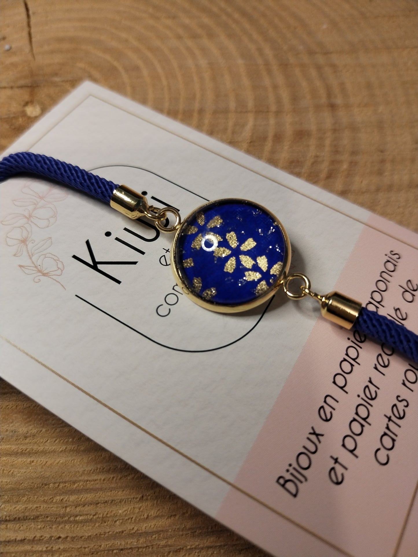 Bracelet réglable en coton bleu - cabochon bleu nuit et doré