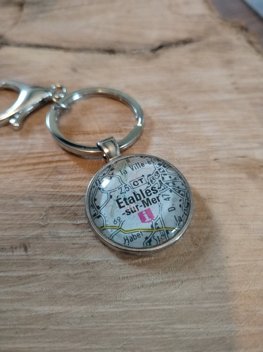 Porte-clefs cabochon 25mm - Recyclage carte routière - Etables sur mer