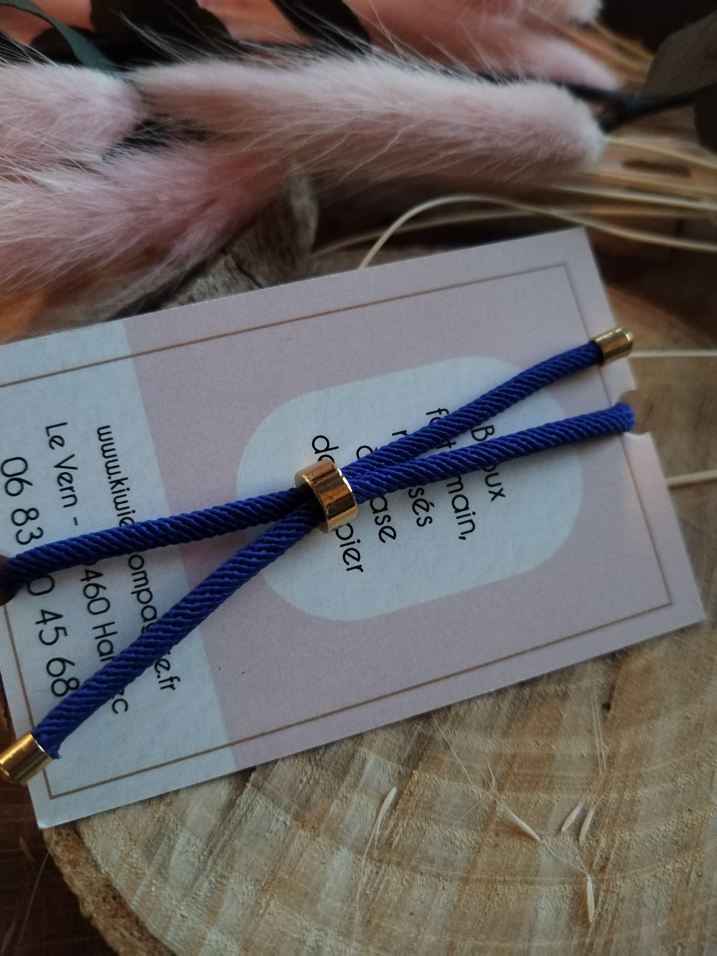 Bracelet réglable en coton bleu- cabochon bleu papillon