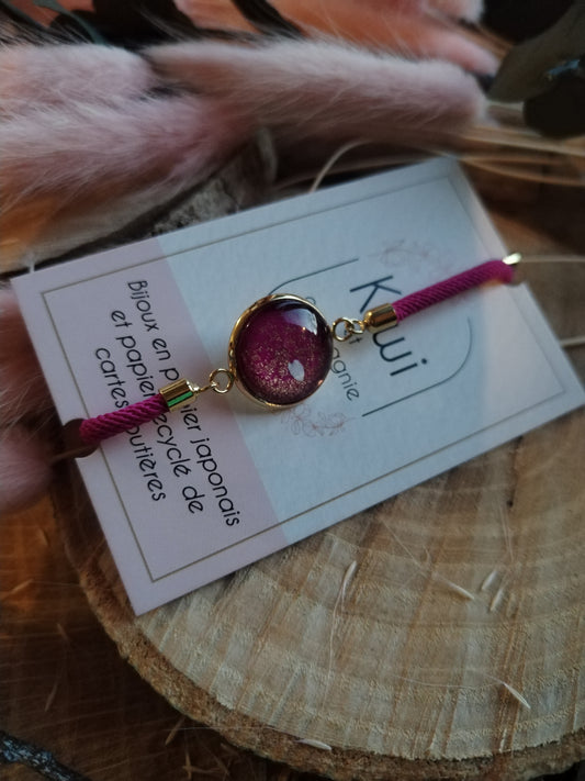 Bracelet réglable en coton rose- cabochon rose fushia