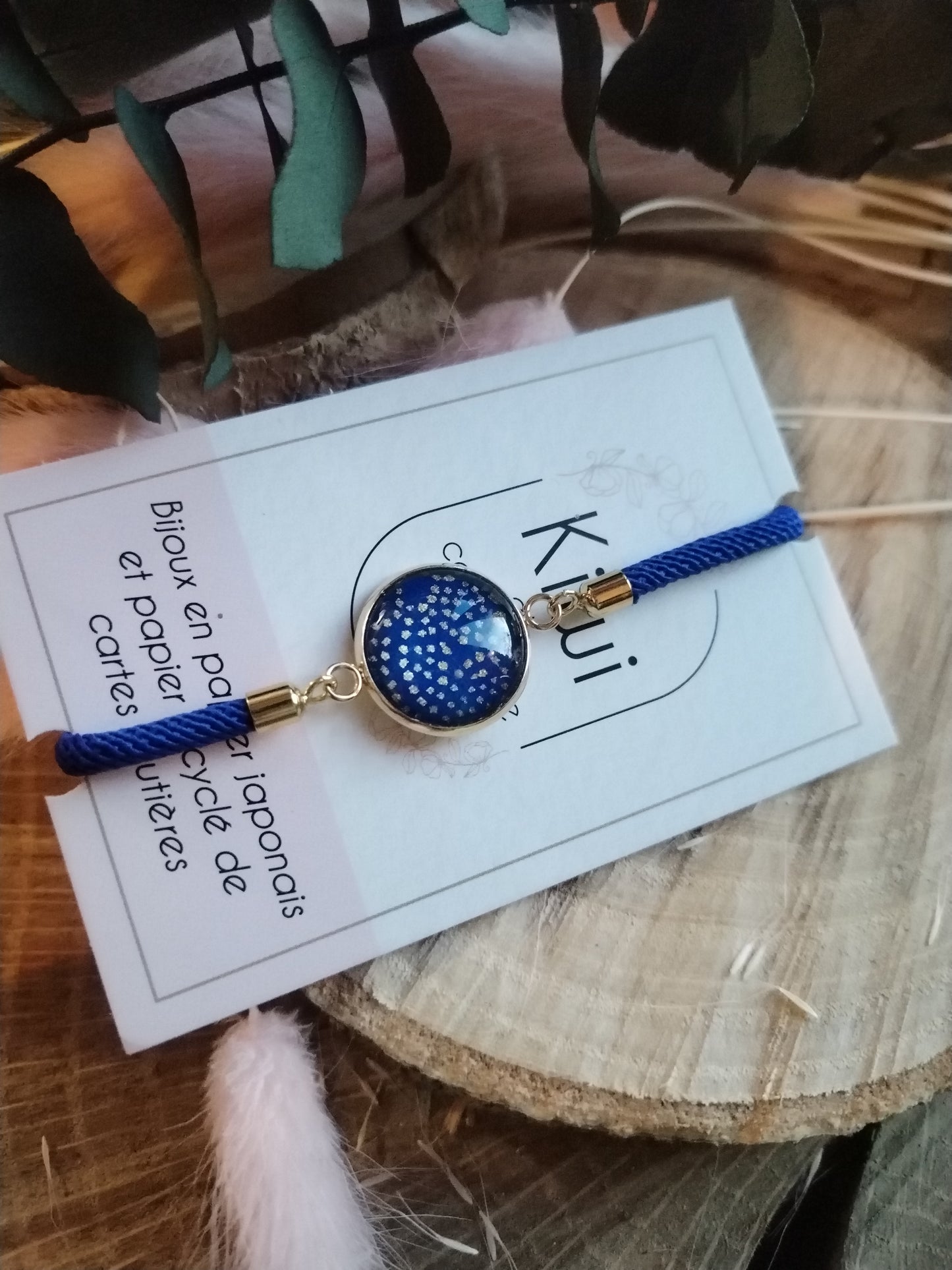 Bracelet réglable en coton bleu nuit- cabochon bleu et pois doré