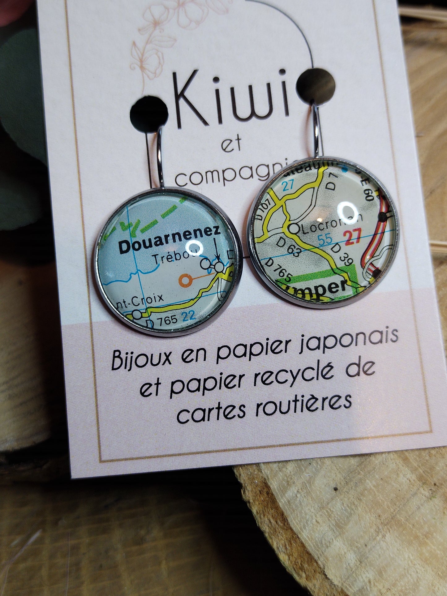 Boucles d'oreilles dormeuses rondes 20mm - Carte routière Douarnenez Locronan
