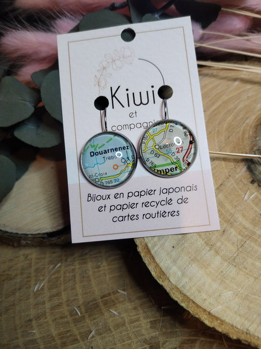 Boucles d'oreilles dormeuses rondes 20mm - Carte routière Douarnenez Locronan