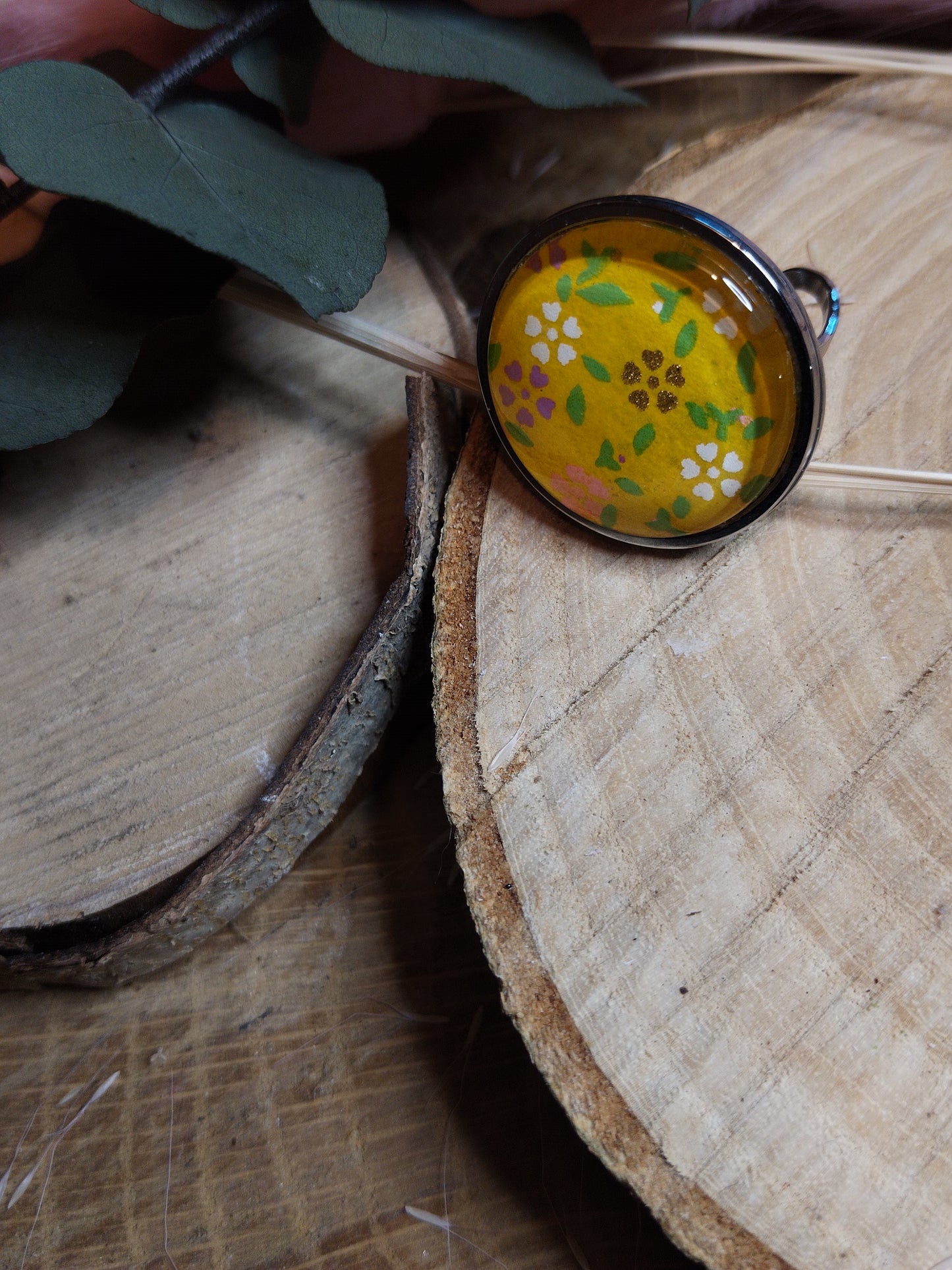 Bague ajustable ronde cabochon 25mm - Acier inoxydable - jaune fleuri