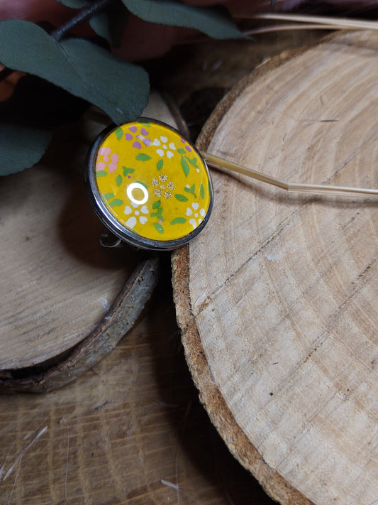 Bague ajustable ronde cabochon 25mm - Acier inoxydable - jaune fleuri