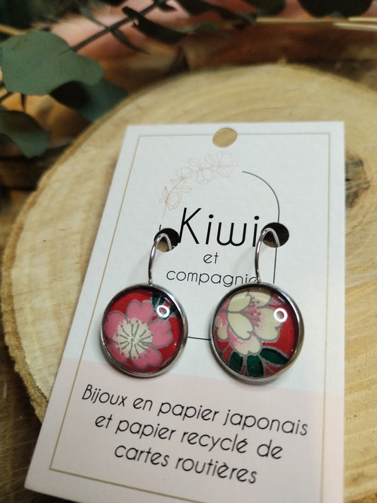 Boucles d'oreilles dormeuses rondes 16 mm- Acier inoxydable rouge et fleur